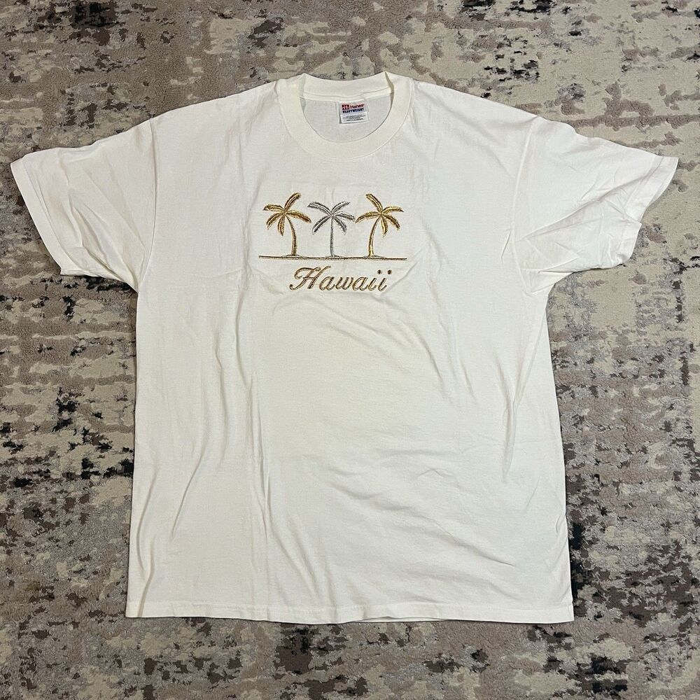 VTG Hanes Gold Stitch Hawaii Beach T Shirt XL USA Palm Trees Boat Ocean Vacation